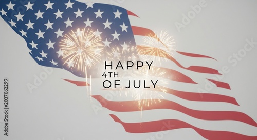 American flag waving with fireworks and text 
