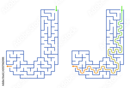 Maze activity in the shape of the letter J for kids learning  