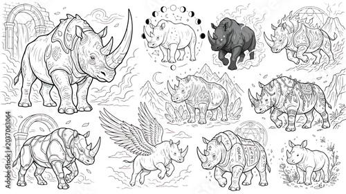 Bild auf Leinwand Mystical rhinoceros coloring page set, celestial rhino line art with moon phases