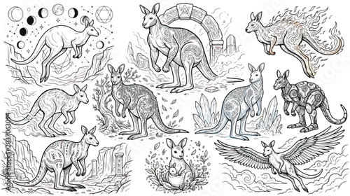 Photos Mystical kangaroo vector collection, celestial australian wildlife illustrations