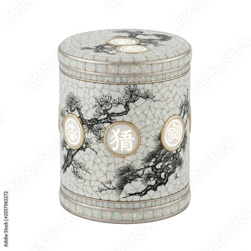Ornate cylindrical box with intricate mosaic and Asian motifs