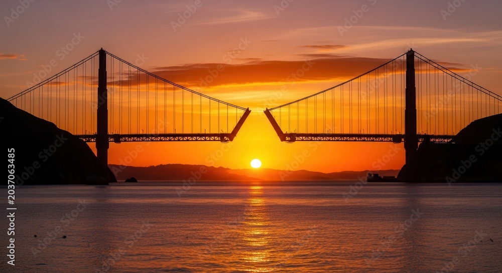 Obraz premium A Conceptual View of a Broken Golden Gate Bridge During a Vivid Sunset.