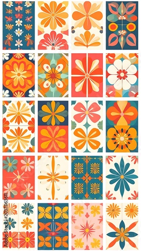 Vibrant floral tiles in various colors.