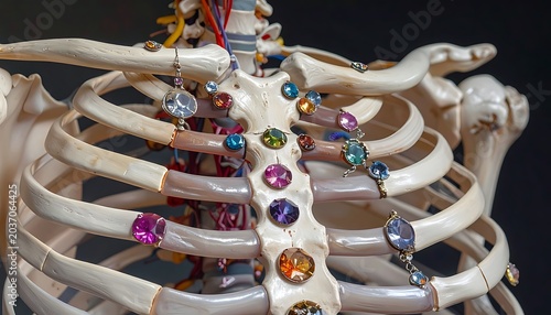 Skeleton decorated with colorful gemstones ribcage.