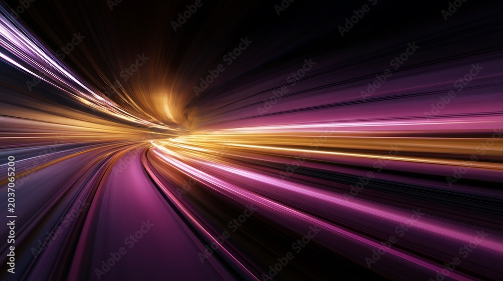 Fototapeta premium Dynamic, abstract perspective showcasing speed lines of light through a dark, curving tunnel