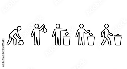 Stick figure picking up litter and throwing trash into bin line art vector icon set. Garbage disposal, keep clean, environmental care, and recycling concept.