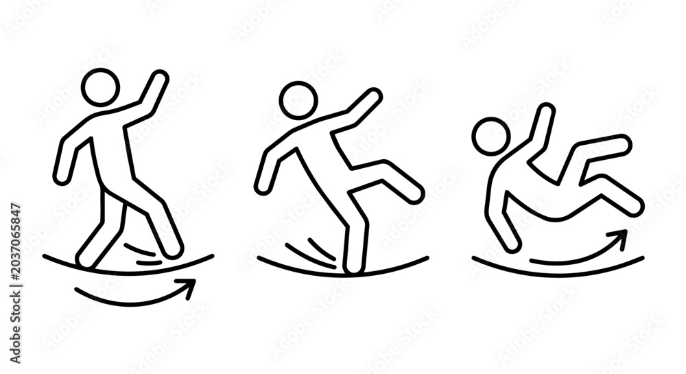 Naklejka premium Stick figure slipping and falling line art vector icon set. Slip and trip accident, losing balance, wet floor warning, and safety concept.