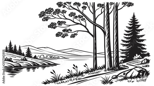 Vector illustration of a serene lakeside landscape with trees and rolling hills landscape mountains