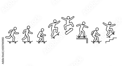 Foto Stick figure skateboarding and extreme sport tricks line art vector icon set