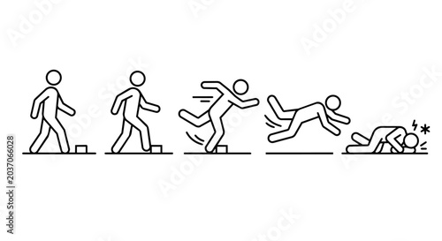 Photos Stick figure tripping over obstacle and falling line art vector icon set