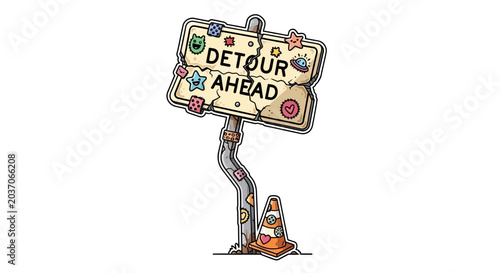 Foto Detour Ahead Sign with Cute Stickers and Traffic Cone