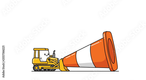 Картината върху платно Funny bulldozer pushing a large traffic cone, cartoon style, white background