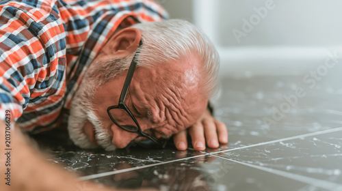 elderly man fall senior accident home floor unconscious person emergency help health risk retirement age safety issue fall injury crisis scene