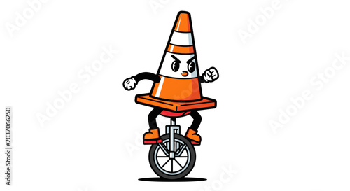 Foto Funny traffic cone character riding a unicycle with cartoon arms and legs