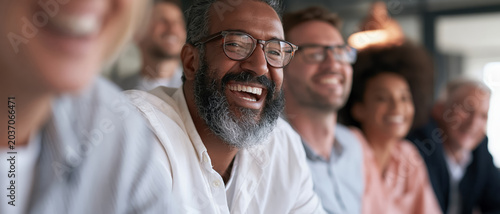Smiling business team collaboration in modern office meeting room, diverse coworkers together in row feeling happy and confident