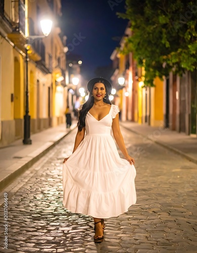 Woman in white dress on cobblestone street.