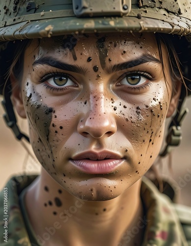 Female soldier with camouflage paint face.