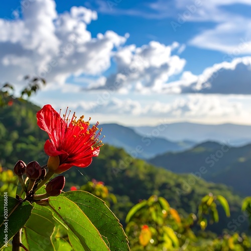 Vibrant red flower in mountain landscape.