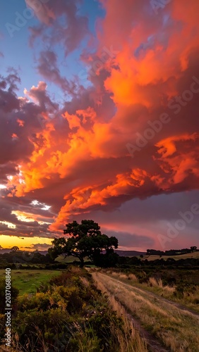 Vibrant sunset over rural landscape scene.
