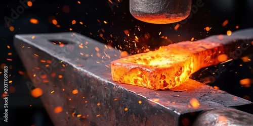 Hot forged steel glowing intensely as it's shaped on a heavy anvil with sparks flying