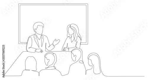 Quadro su tela An elegant continuous line art illustration depicting a male and a female presenter conducting a meeting or seminar in front of a whiteboard for a small audience