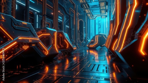 Futuristic corridor glows with vibrant orange, blue lights. Geometric shapes define sleek walls, floor creating immersive space.
