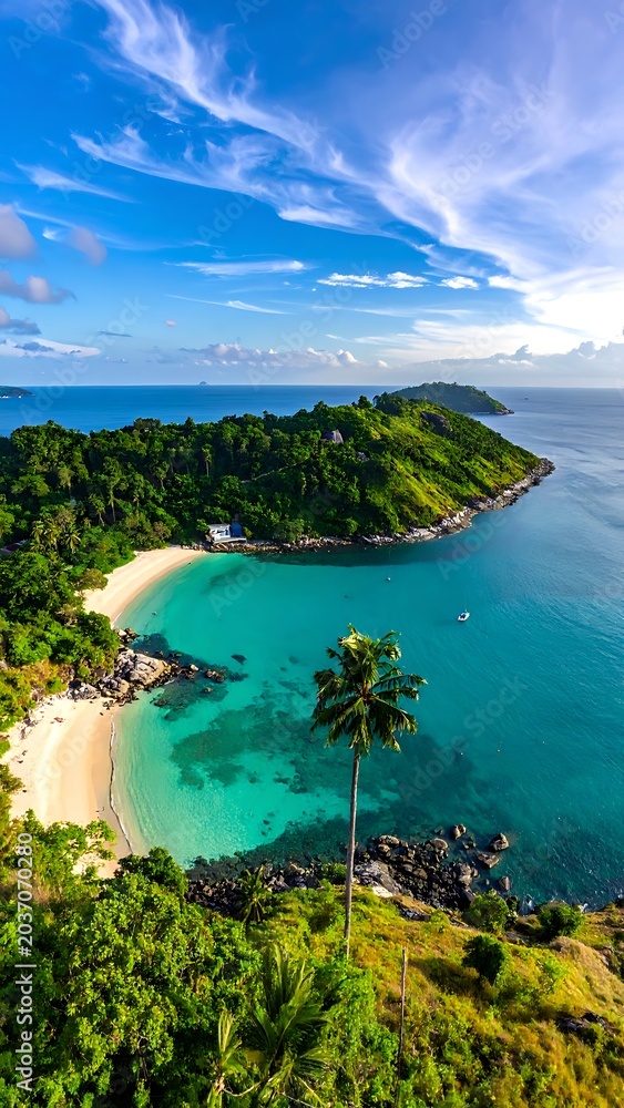 Fototapeta premium Tropical island beach landscape with palm tree.