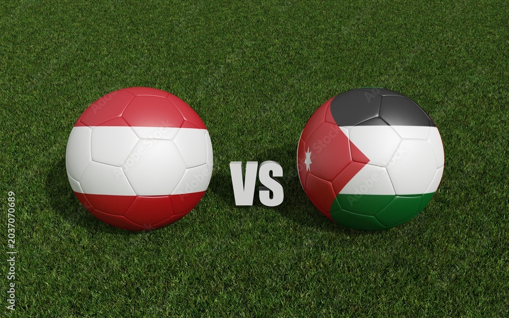 Fototapeta premium Footballs in flags colors on grass , Austria with Jordan. World Cup football championship 2026 .3d rendering