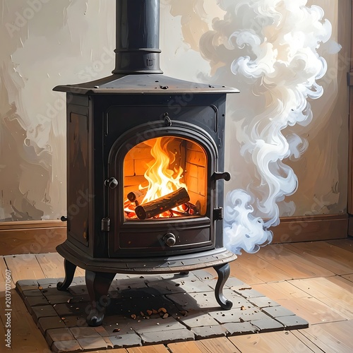 Wood burning stove with smoke rising.