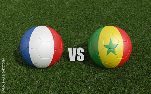 Footballs in flags colors on grass , France with Ghana. World Cup football championship 2026 .3d rendering
