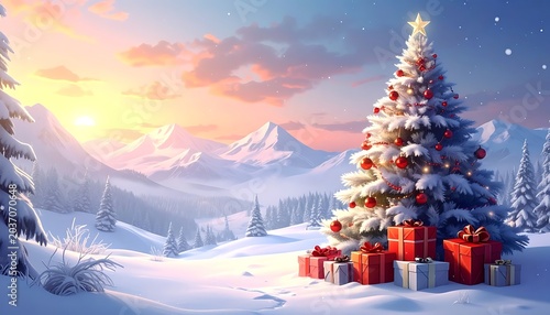 Snowy Christmas Tree with Colorful Presents.