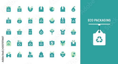 Schilderij op canvas Eco packaging icons set, symbolizing sustainability and environmental responsibi