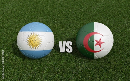 Footballs in flags colors on grass , Spain with Cabo Verde. World Cup football championship 2026 .3d rendering