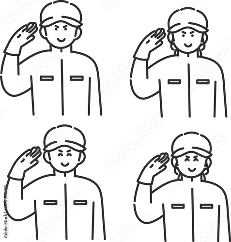 敬礼する消防士の男女のイラスト素材セット　線画のみ