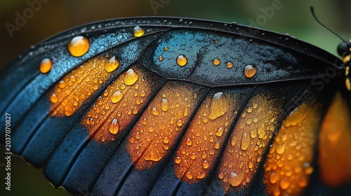 Close Up Of A Butterfly Wing With Water Droplets In Morning Light