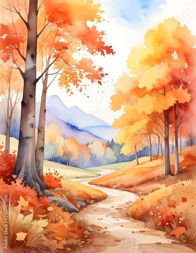 Autumn landscape with winding dirt road.