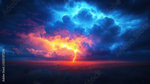 Dramatic Red And Blue Storm Clouds With Bright Yellow Lightning Strike Over A Dark Field