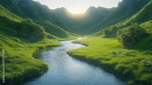 Sunlight Streams Through Lush Green Mountain Valley Over Winding River
