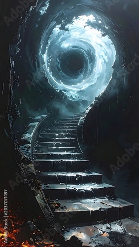 Mysterious staircase leading to glowing portal.