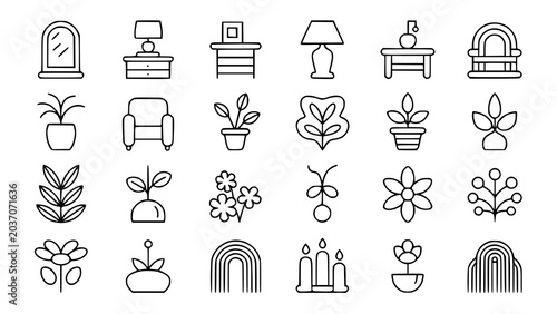 Home decor and botanical line art icon set for interior design with furniture