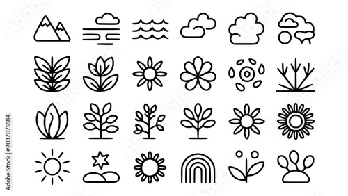 Nature and weather minimalist line art icon set with botanical, minimalist