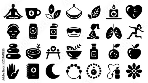 Photography Black and white wellness and healthy lifestyle icon set for holistic living