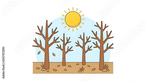 Flat vector illustration of a forest with bare trees during autumn season under a bright yellow sun against a light blue sky background