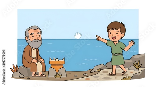 Cartoon illustration of an elderly man with a beard sitting on a rock by the sea while a young boy in a tunic points toward the water