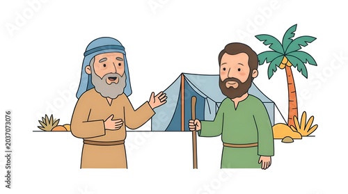 Two men in ancient Middle Eastern clothing standing in a desert landscape with a tent and palm tree in a simple flat vector illustration style