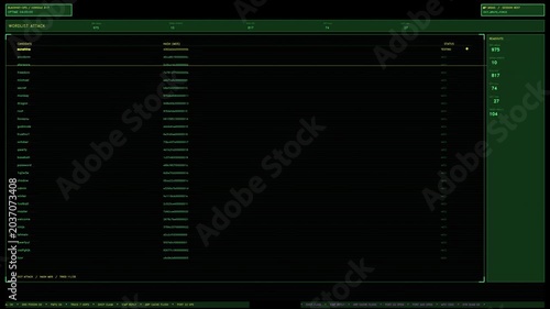 A green terminal interface simulating a brute force hacking attack with scrolling passwords, MD5 hashes, and network readouts. Loops seamlessly as an overlay element