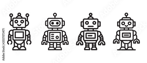 Εκτύπωση καμβά Set of cute robot character icons in a simple black line art style on a white background