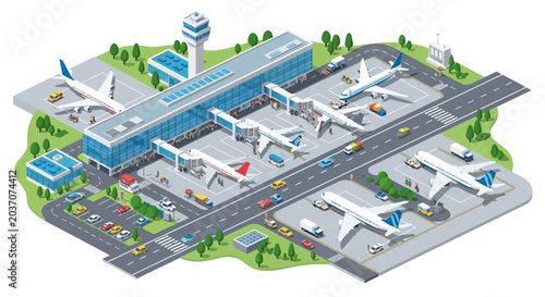 Schilderij op canvas Modern Airport Terminal with Airplanes, Jet Bridges and Vehicles - Isometric Vie