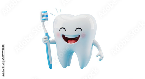 Smiling cartoon tooth with toothbrush.