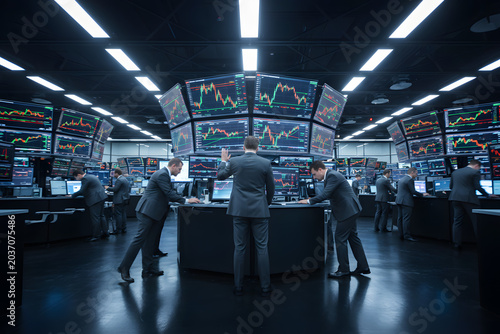 Futuristic trading floor with neon stock charts and focused traders, cinematic finance concept